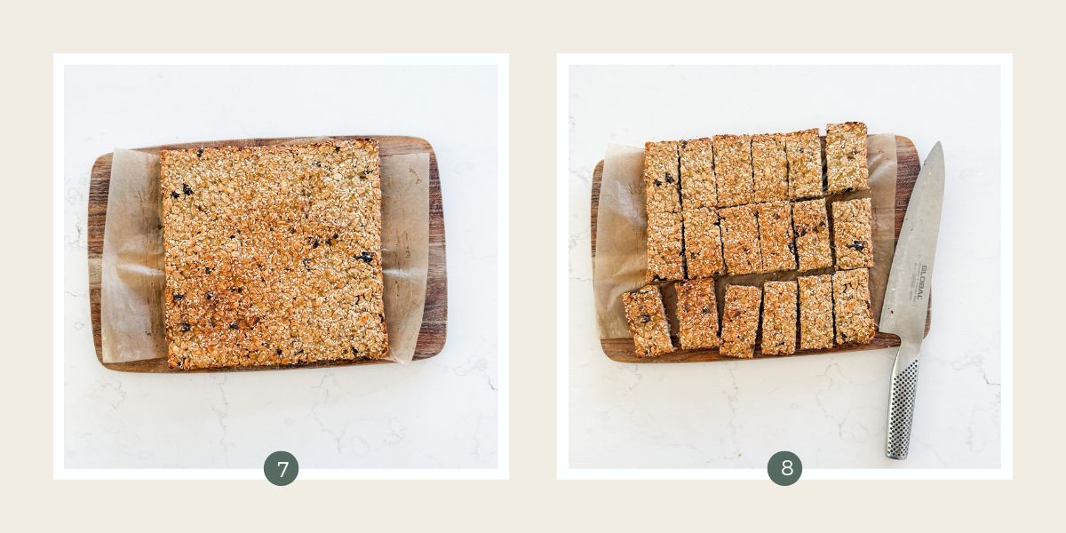 Square of banana muesli bar and being sliced into bars. 