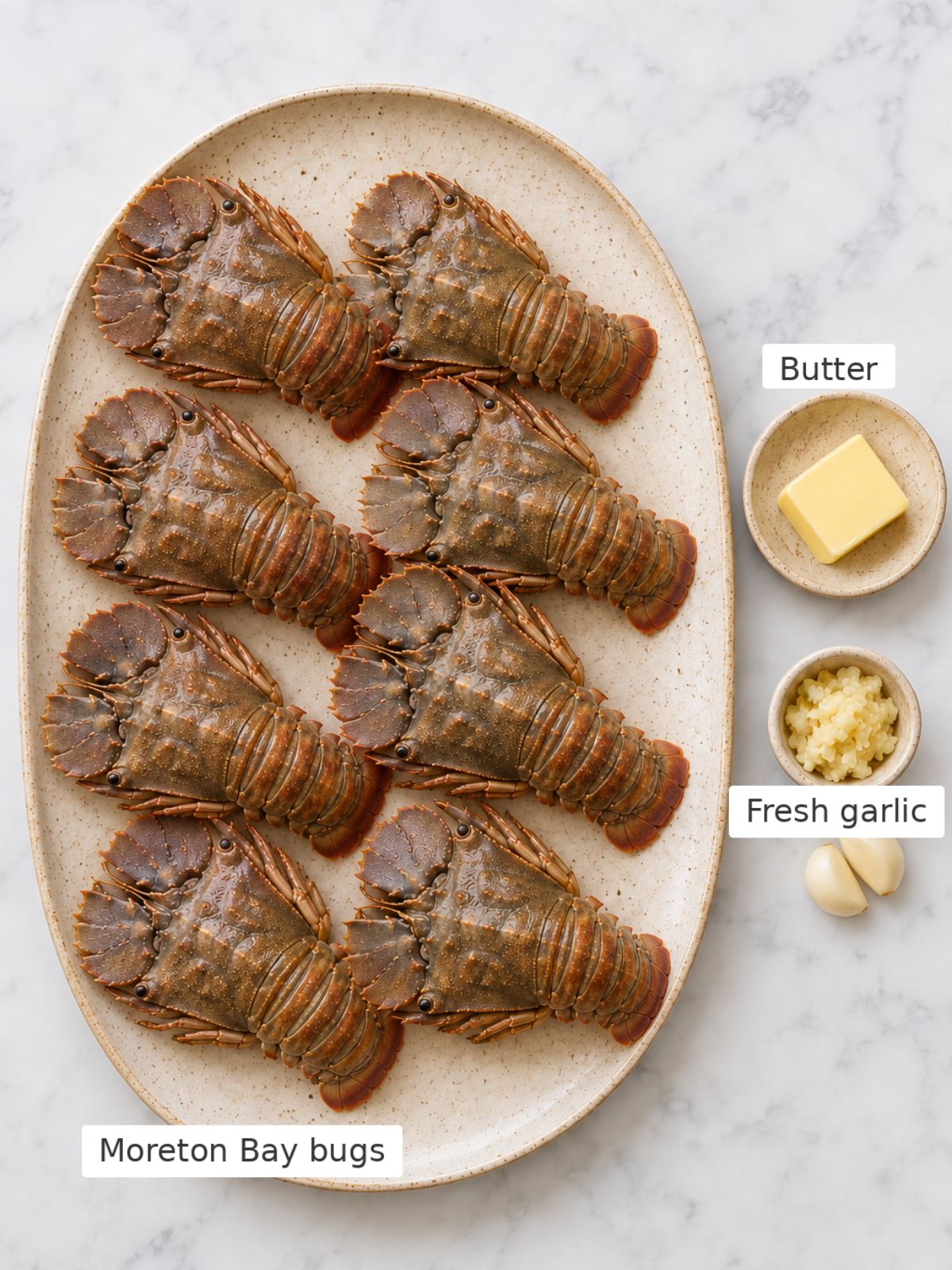 Moreton bay bugs on a plate next to a bowl of garlic and butter to make Garlic bugs on the BBQ.