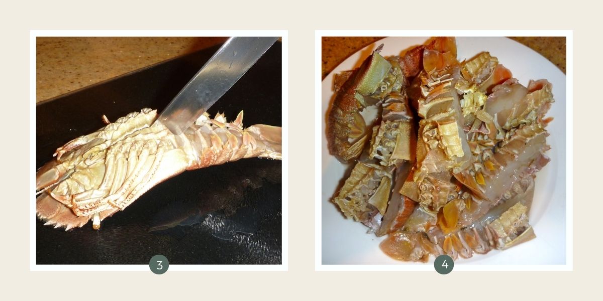 Cutting Moreton Bay Bugs down the middle in preparation for cooking on the BBQ.
