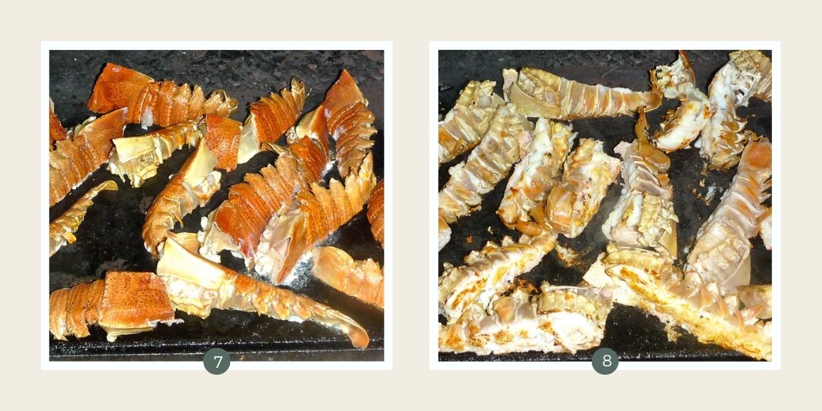 Cooking Moreton Bay Bug halves on a BBQ.