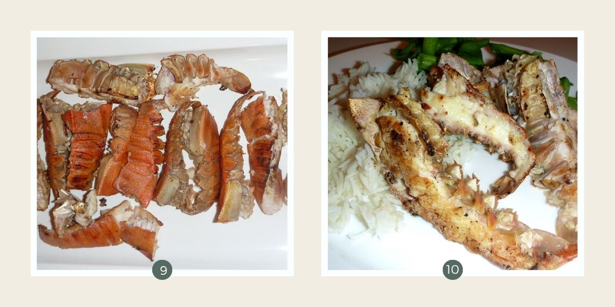 Garlic butter Moreton Bay Bugs on a serving platter and on a plate with rice.