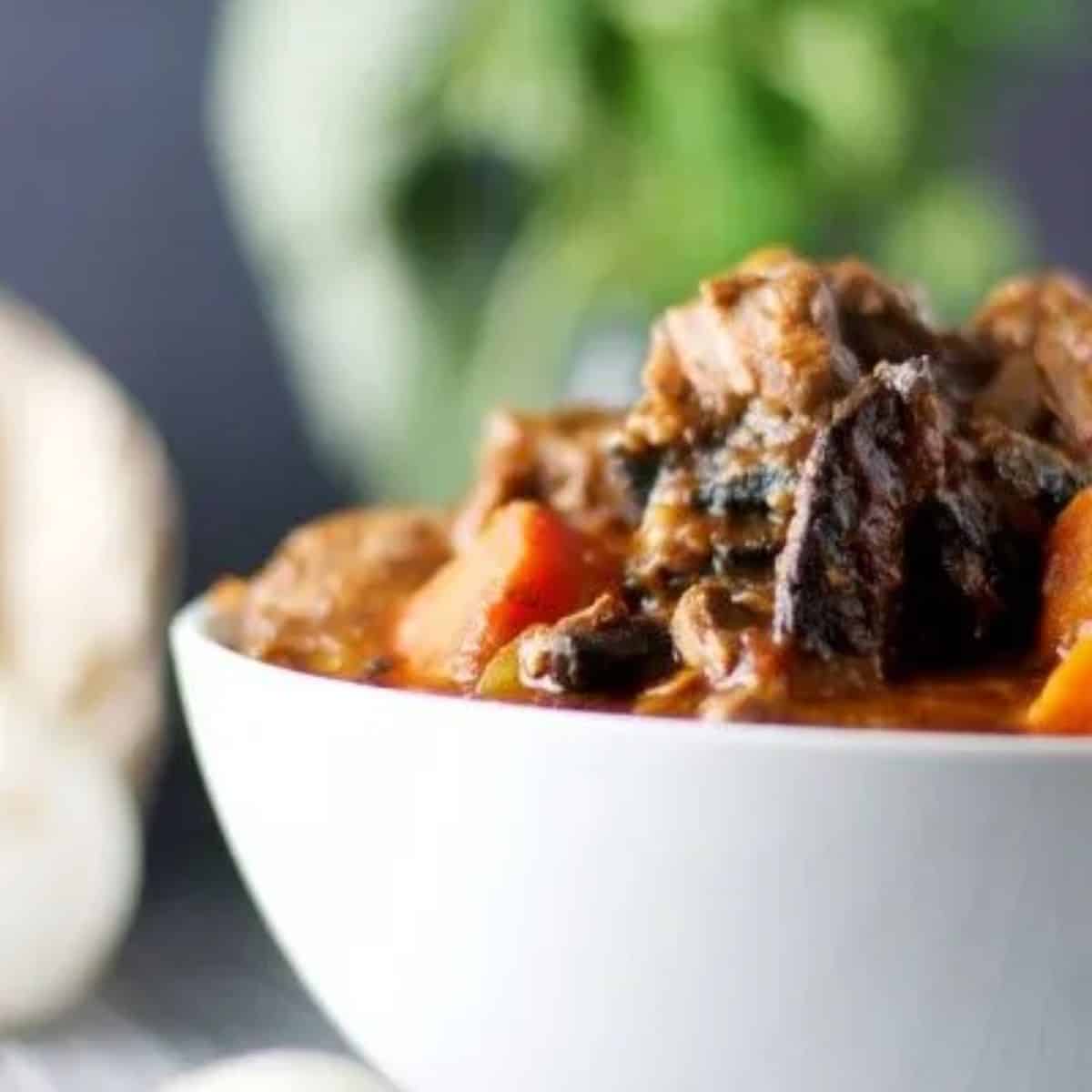 Beef red wine and mushroom casserole in a white bowl