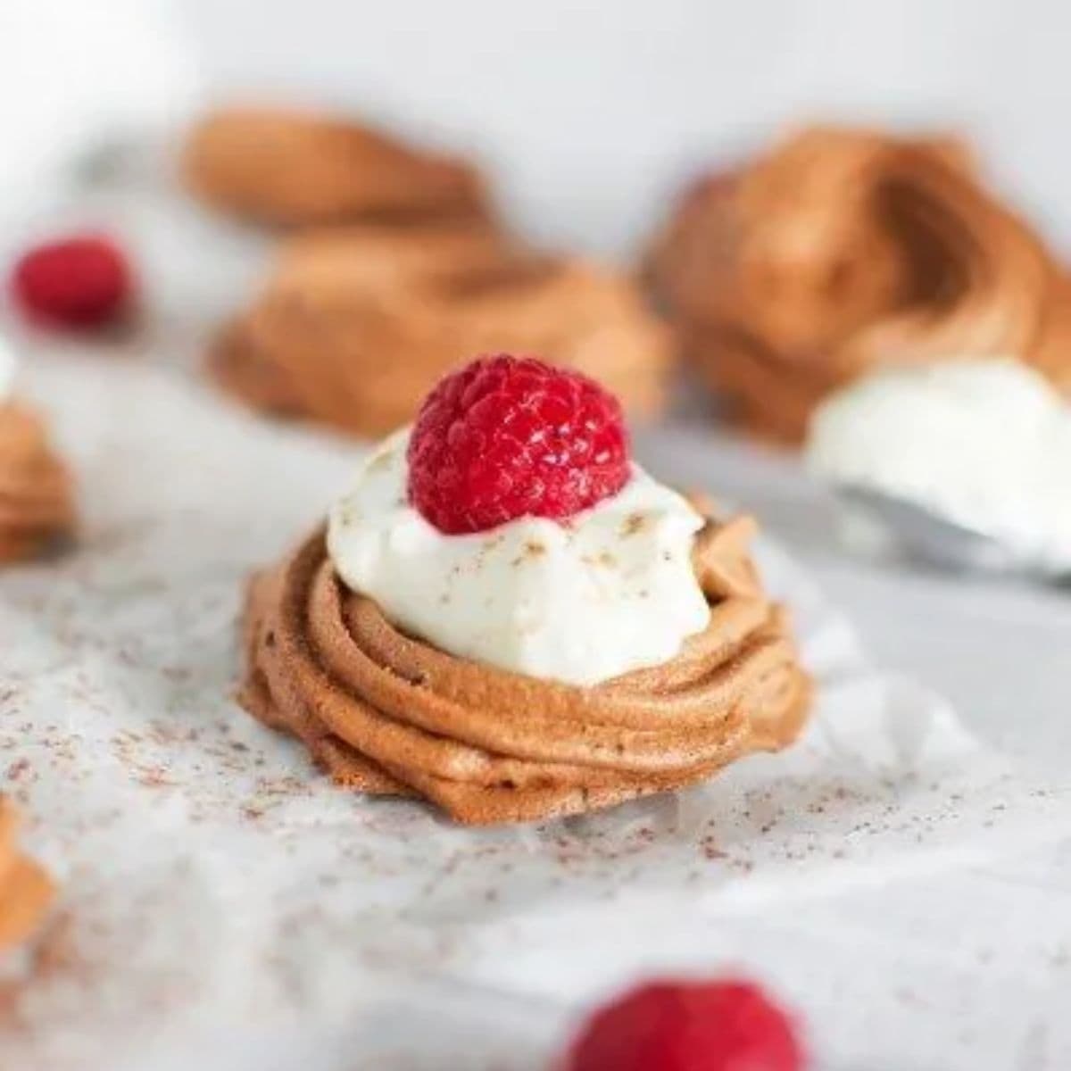 Paleo chocolate meringue nests with white cream topped with a raspberry and dusted with cocoa.
