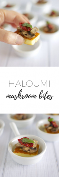 Haloumi mushroom bites with sundried tomato and basil - easy to make, delicious, healthy, quick Christmas canapé.
