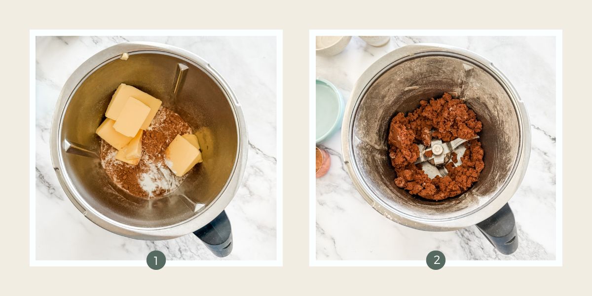 Butter, sugar, cocoa, bicarb, flour, baking soda in thermomix and all mixed together to make chocolate shortbread biscuits. 