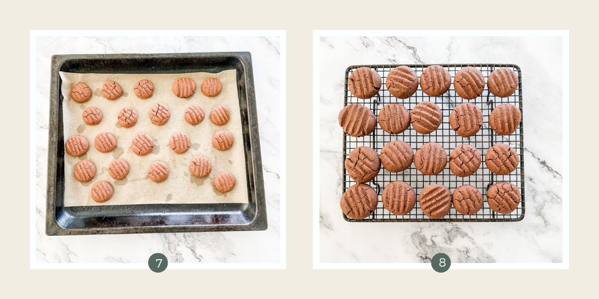Chocolate shortbread biscuits baked resting on a lined baking tray and on a cooling rack. 