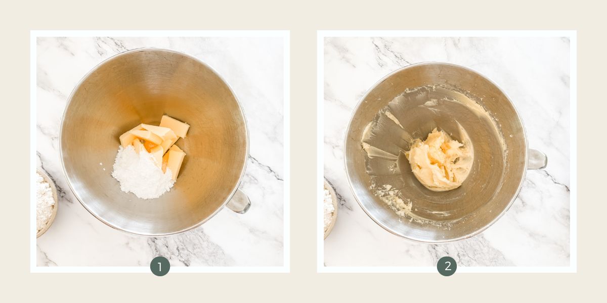 Butter and icing sugar in a mixing bowl to make lime shortbread cookies. 