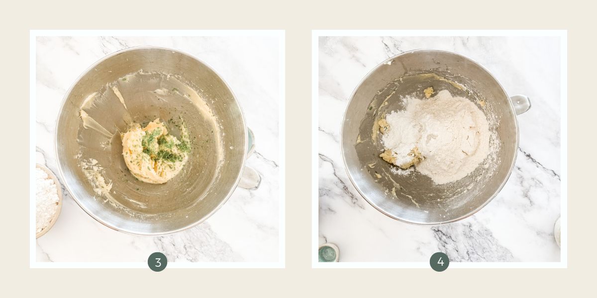 Butter and icing sugar with lime zest and flour in mixing bowl to make lime shortbread. 