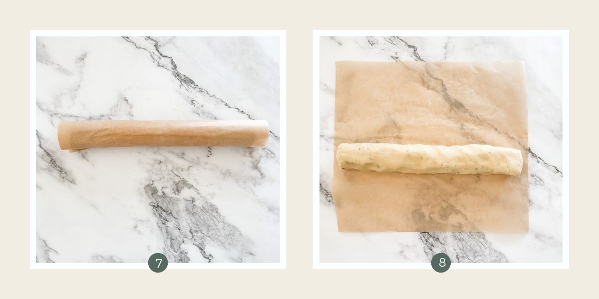 Lime shortbread dough rolled into a log inside baking paper. 