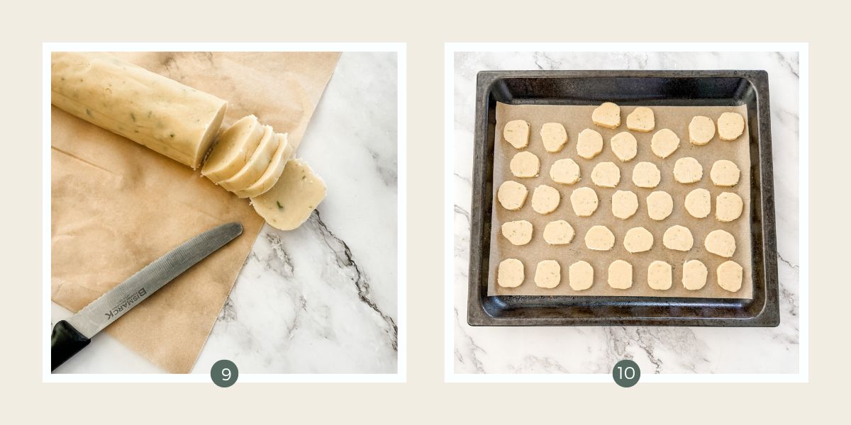 Lime shortbread biscuit dough sliced up and on a baking tray ready for baking. 