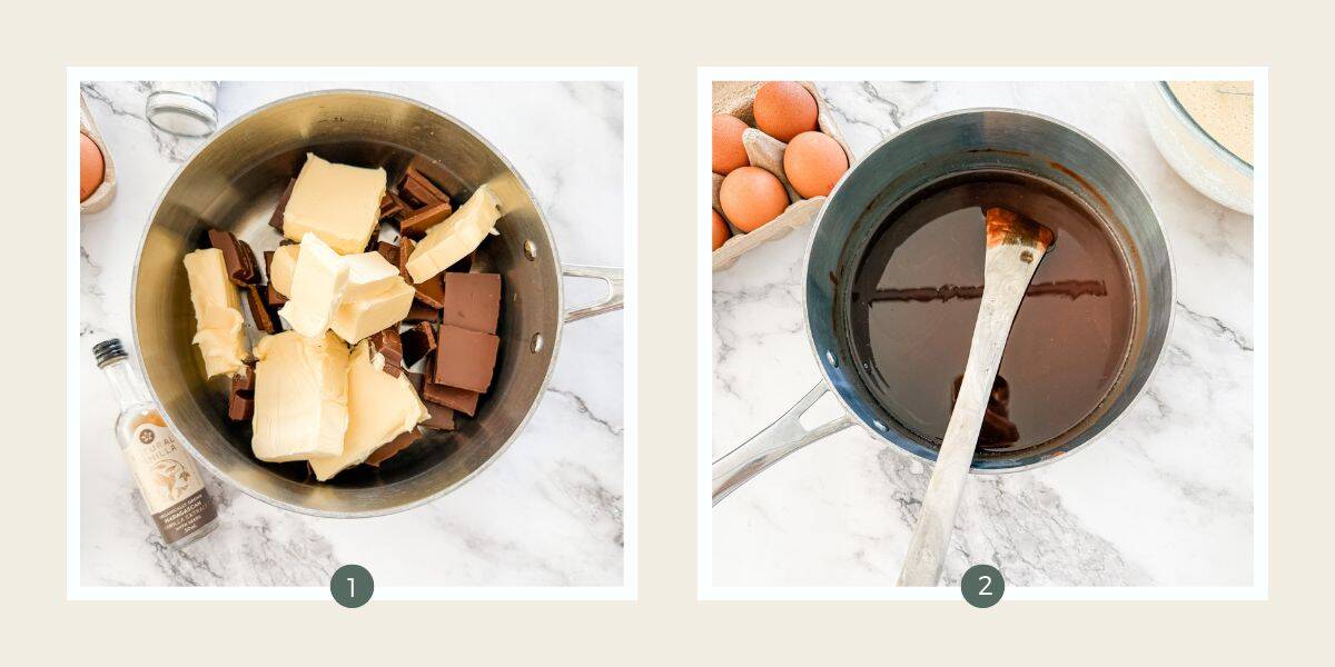 Making brownies - butter and chocolate in a silver saucepan and then melted together.
