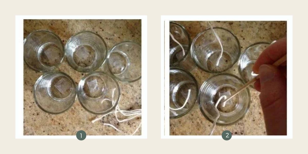 Fixing wicks to the bottom of glass jars to make homemade candles. 
