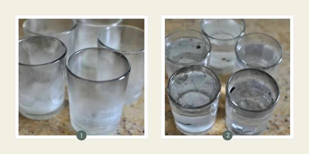 Pouring boiling water into old glass candles to clean them for recycling.