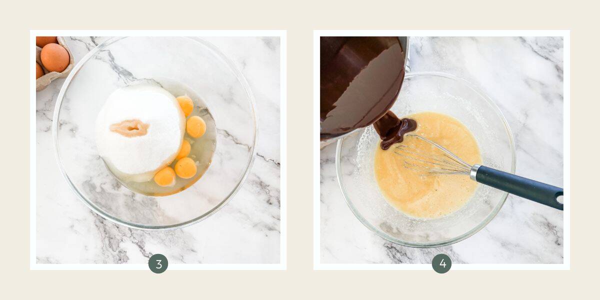 Making brownies - combining sugar and eggs in large clear bowl on marble bench top.