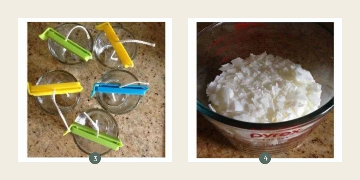 Bag clip holding a wick in place over a glass jar to make homemade candles. 