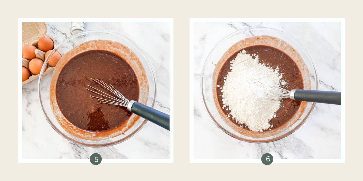 Making brownies - mixing melted butter and chocolate into egg/sugar mixture then adding flour in large glass bowl.