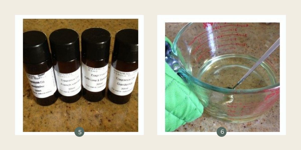 Candle oils to make scented homemade candles and melted wax in a measuring cup. 