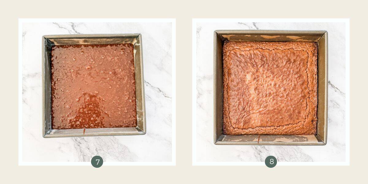 Making brownies - raw batter in square baking tin on white marble bench. Next image - batter baked in same tin on same bench.