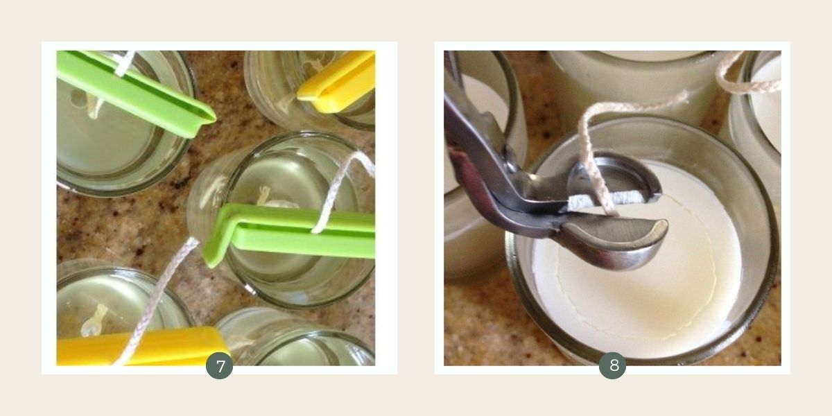 Pouring wax into homemade candles. 