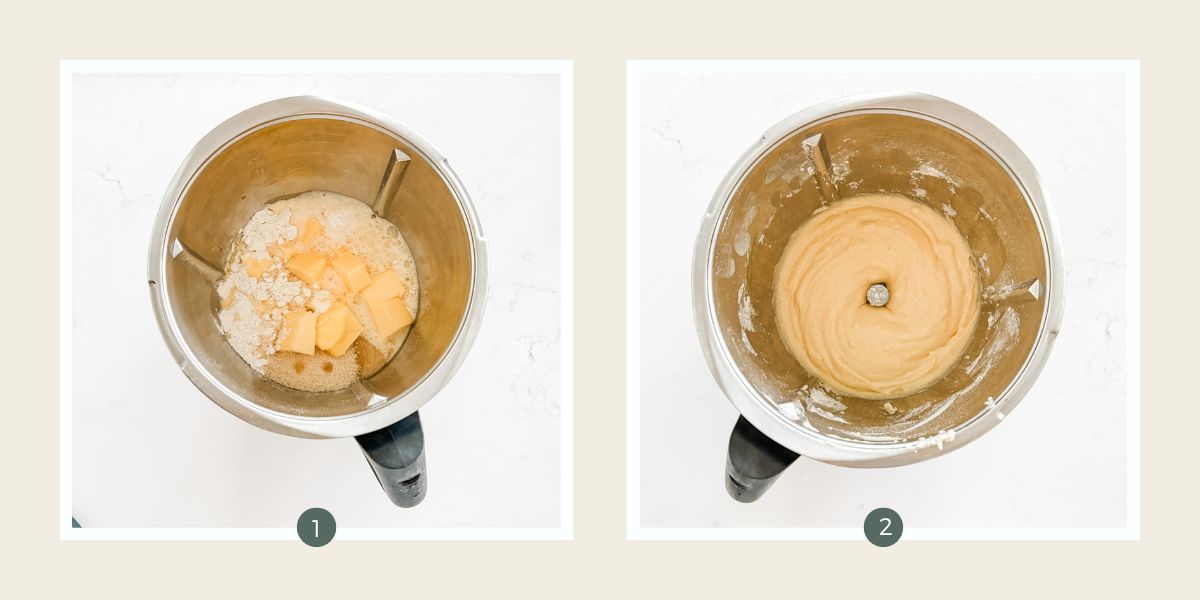 Butter, sugar, flour, orange juice & eggs in Thermomix bowl and blended to smooth.