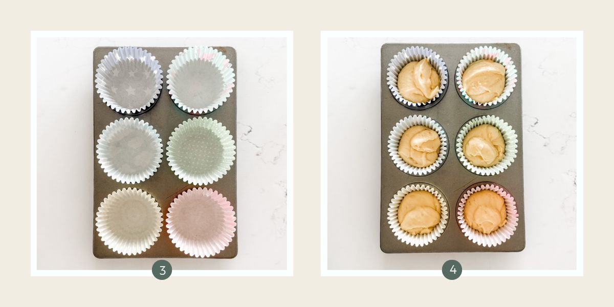 6 hole cupcake tray lined with cupcake case and then filled with vanilla cake batter.