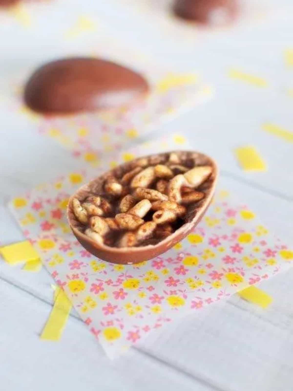 Healthy chocolate Easter egg with puffed rice inside