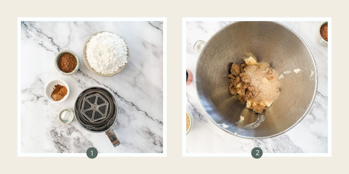 Bowl of flour, cocoa and spices with sifter on white marble bench and mixer bowl with butter and sugar.