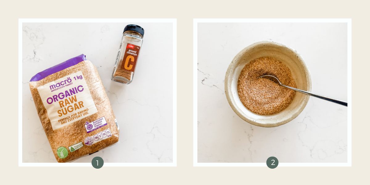 Jar of cinnamon and bag of sugar and then mixed together to make cinnamon sugar in a bowl.