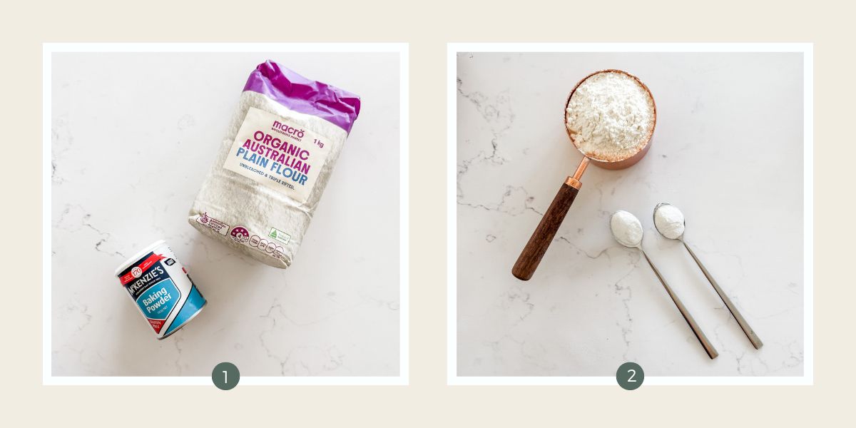 Bag of flour, tin of baking powder and flour in copper measuring cup & spoon of baking powder.