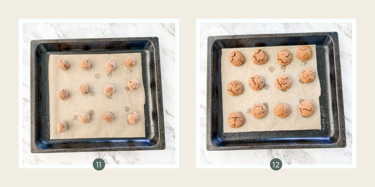 Balls of chocolate ginger dough coated in sugar on a lined baking tray ready for baking and baked.