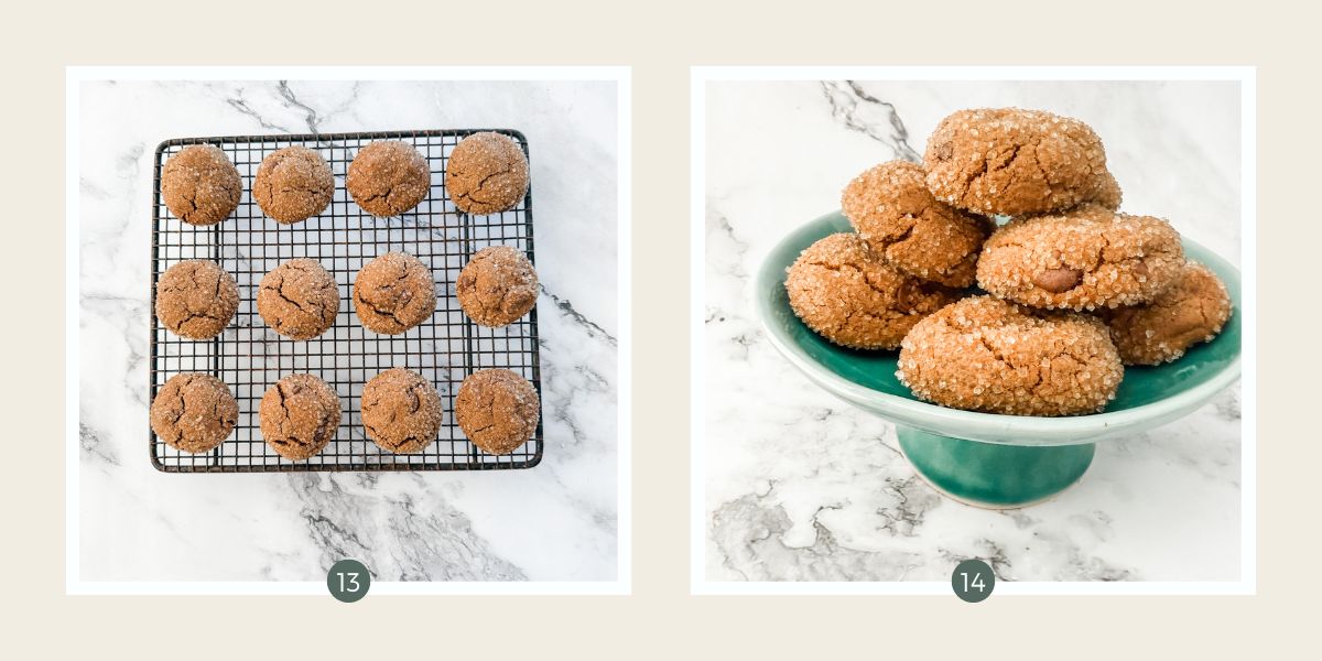 Sugar crusted chocolate ginger cookies on a wire cooling rack.