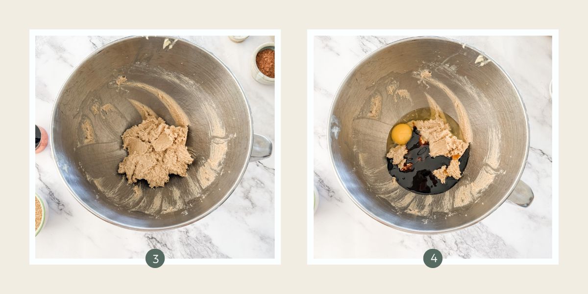Chocolate ginger biscuit batter - sugar and butter whipped with and egg, molasses & vanilla in mixer bowl.