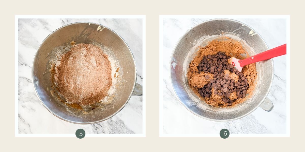 Flour, cocoa and spices sifted on top of ginger chocolate cookie dough in mixer bowl & with chocolate chips.