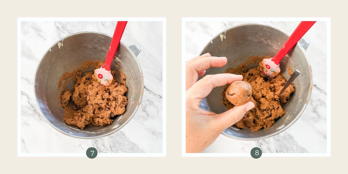 Chocolate ginger cookie dough in mixer bowl and hand holding rolled ball of dough over bowl.