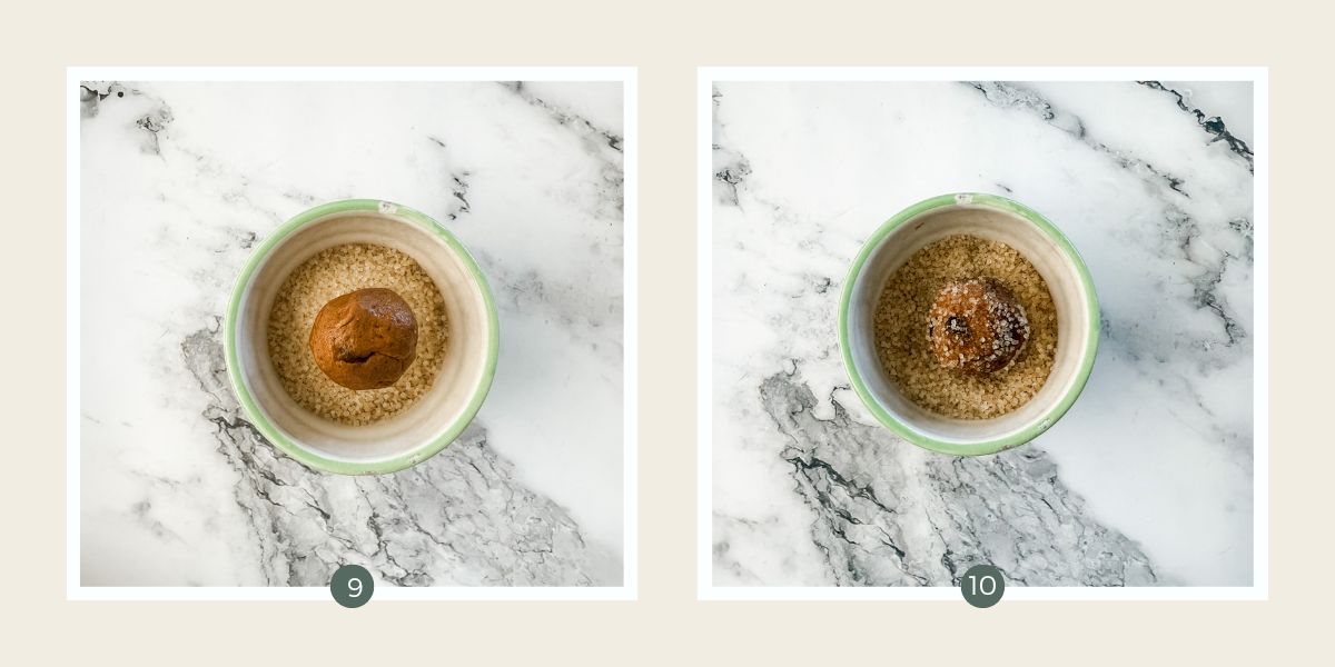 Rolling balls of chocolate ginger cookie dough in raw sugar.