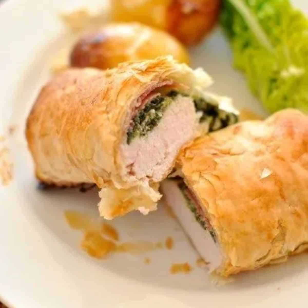 Chicken filo parcels_ with prociutto, spinach & cheese