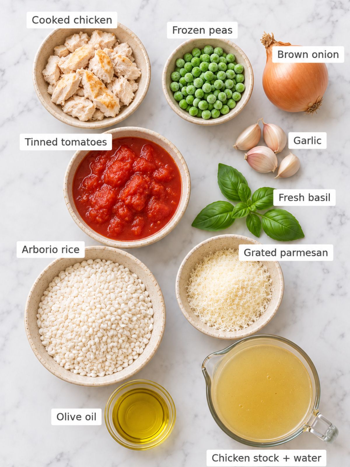 Ingredients for Tomato Chicken Risotto. Cooked chicken, peas, onion, tinned tomato, basil, garlic, arborio rice and cheese laid out on white marble benchtop. 