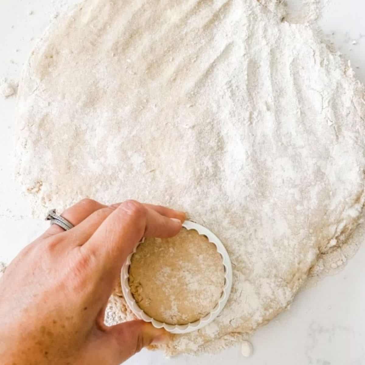 Cutting a circle out of a disc of dough with a white round cutter on a white bench top. 