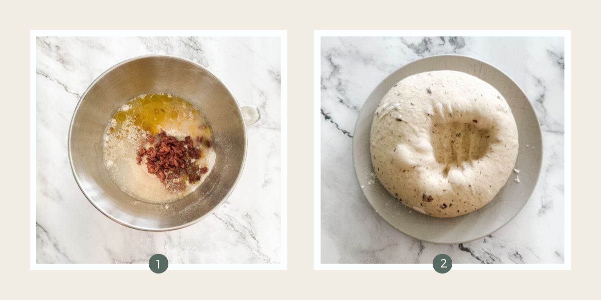 Olives, flour, water, yeast in mixing bowl and olive bread dough after being punched down. 