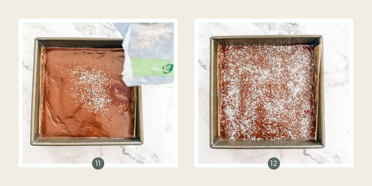 Spreading coconut over the top of baked and iced chewy chocolate slice.