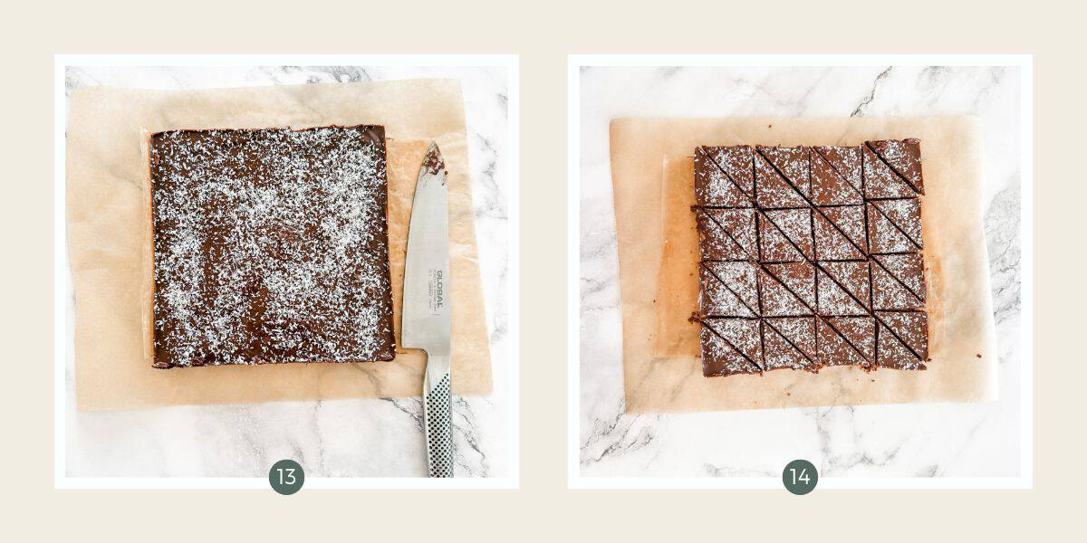 Iced chocolate slice sprinkled with coconut and sliced into triangles with large knife.