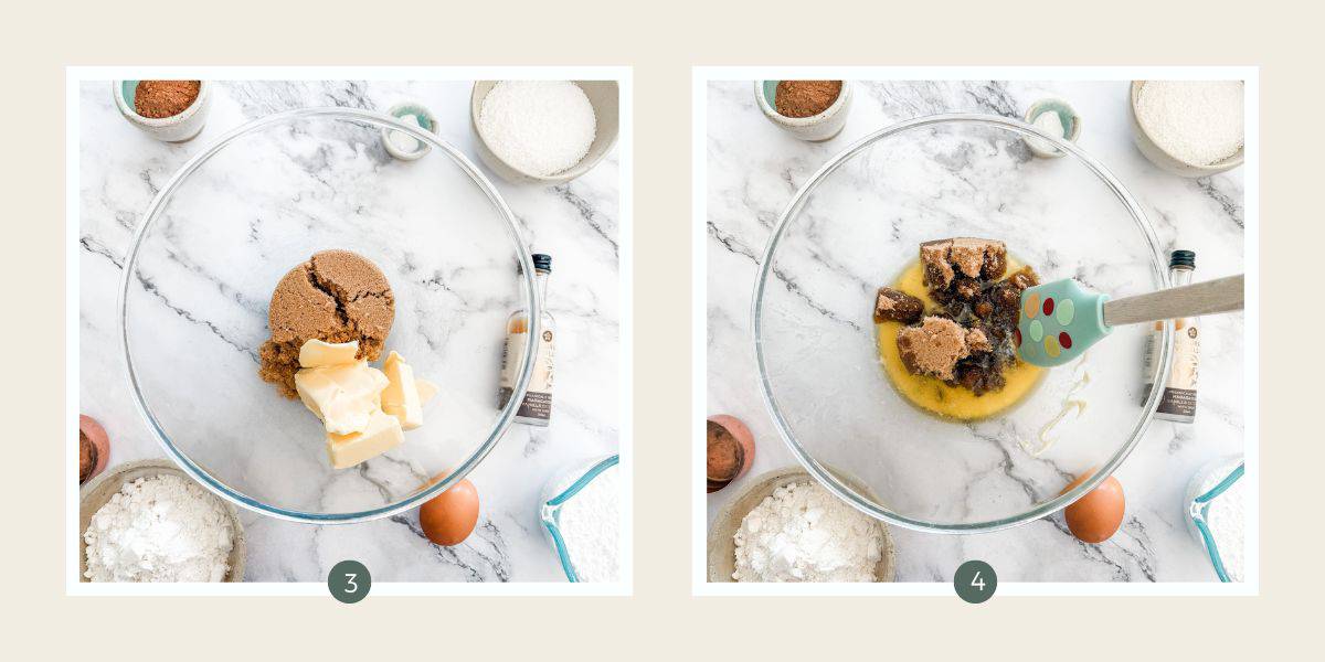 Butter and brown sugar in a glass bowl on a white marble bench.