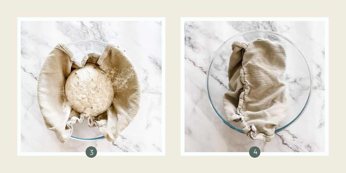 Olive bread dough in floured tea towel in a bowl.