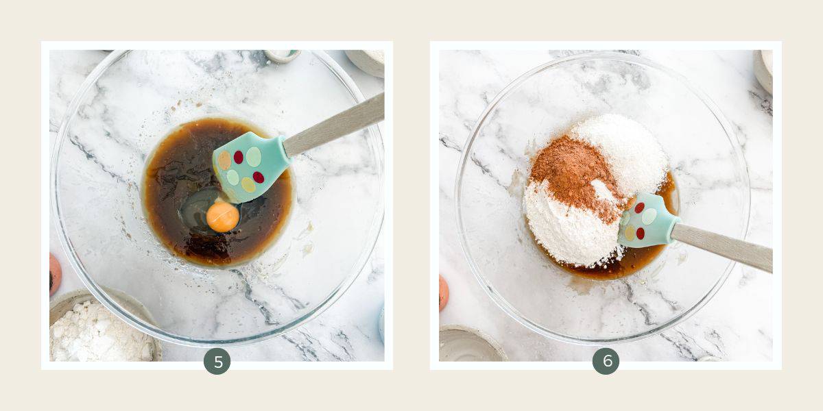 Glass bowl with butter, brown sugar, egg, flour, coconut and cocoa.