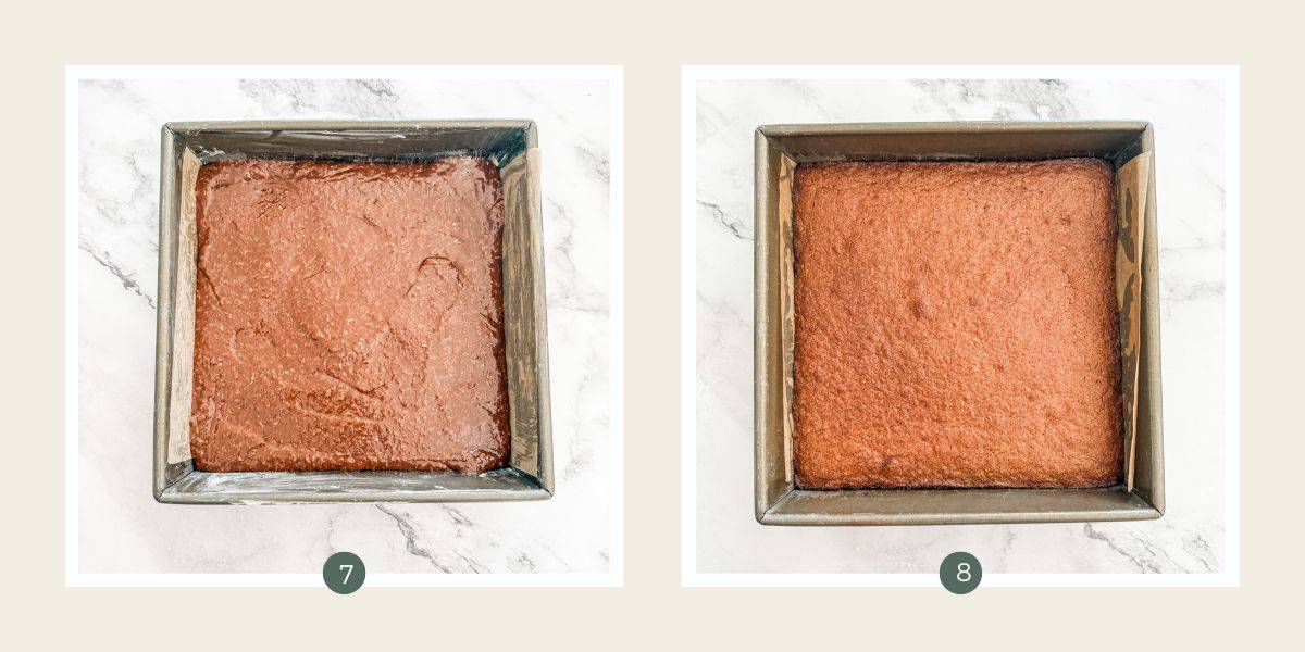 Square tin lined with baking paper with chocolate slice batter in it on a white bench top.