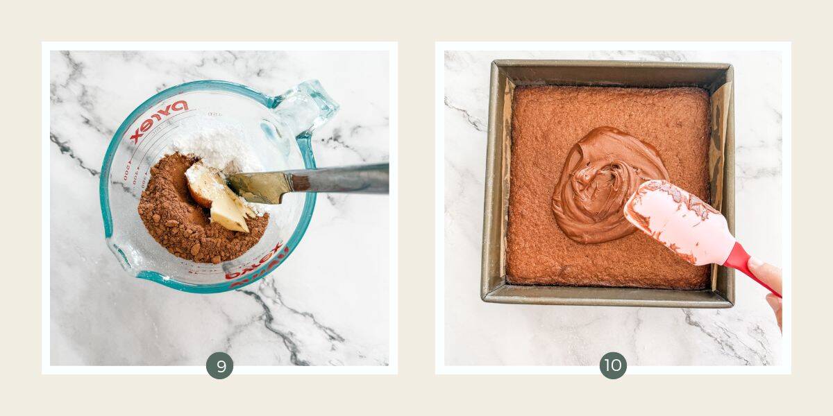Making icing for chocolate slice - combining butter, icing sugar, cocoa & boiled water. Spreading it on baked chocolate slice.