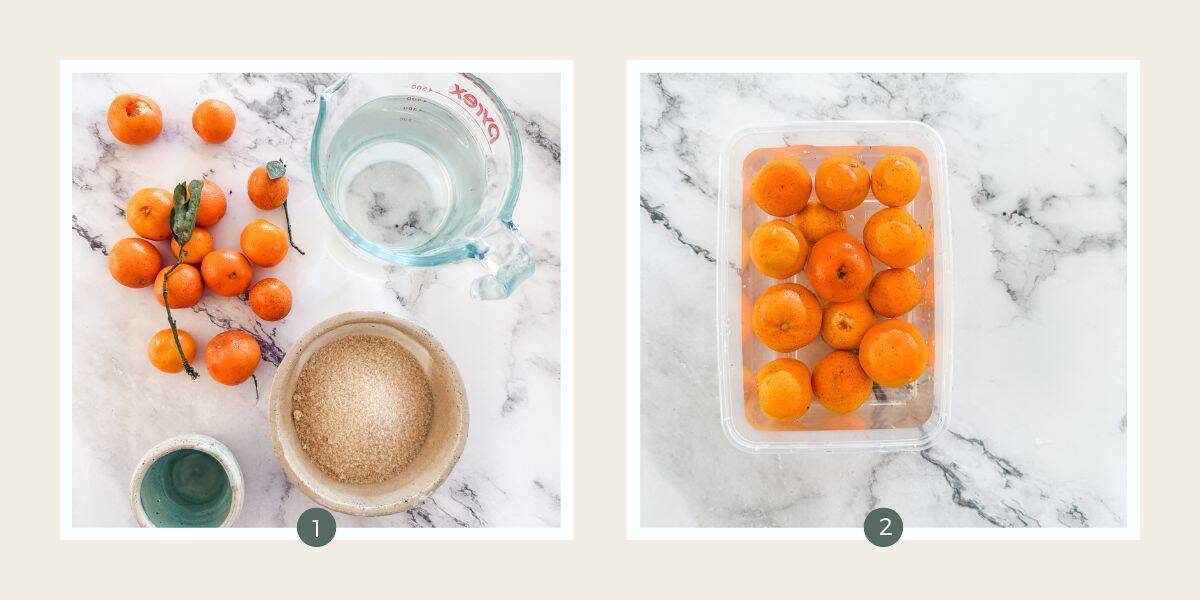 Ingredients for cumquat jam. Cumquats, measuring cup with water, bowl with raw sugar and bowl with lemon juice on marble look bench top & fresh cumquats being washing in water on a white marble bench top.