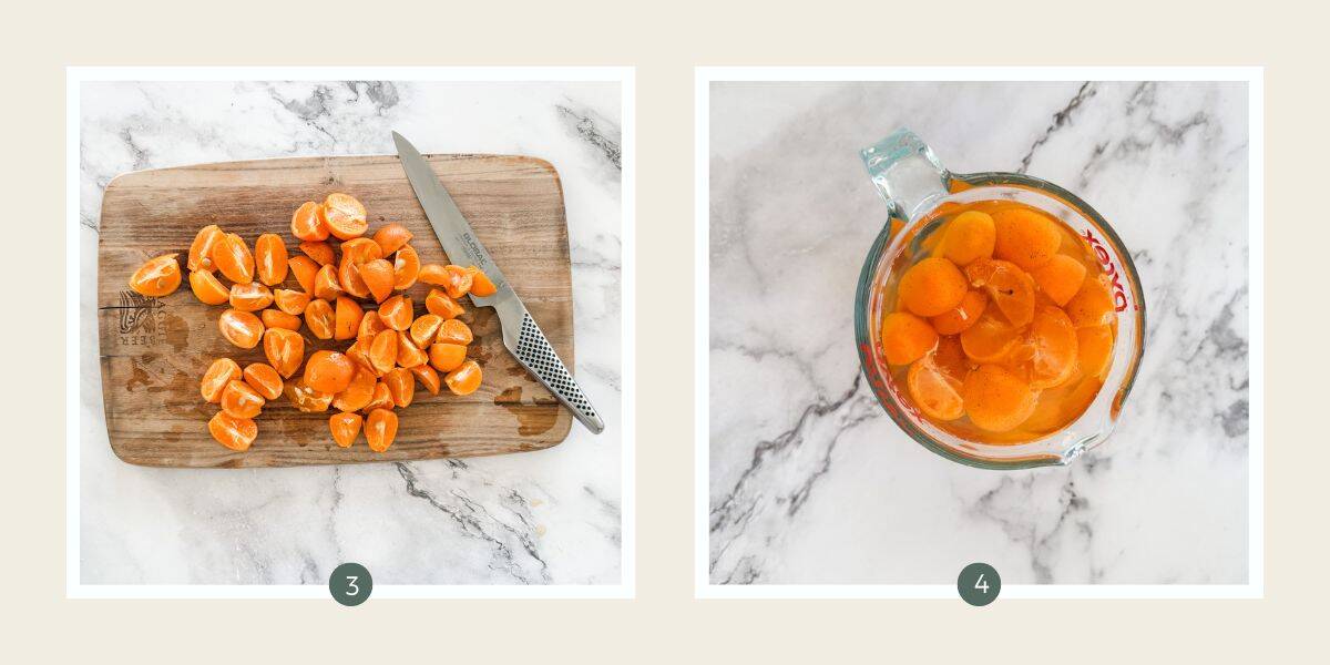 Cumquats cut in quarters on a wooden chopping board with a sharp knife. All on a white marble bench top & Soaking cumquats in a jug of water.