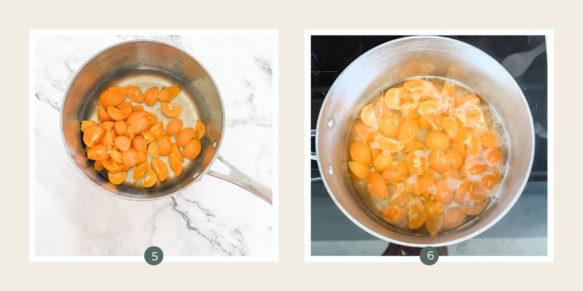 Cumquats, water and lemon juice in a stainless steel saucepan on a white marble bench top & Simmering cumquats, water and lemon juice in a saucepan.