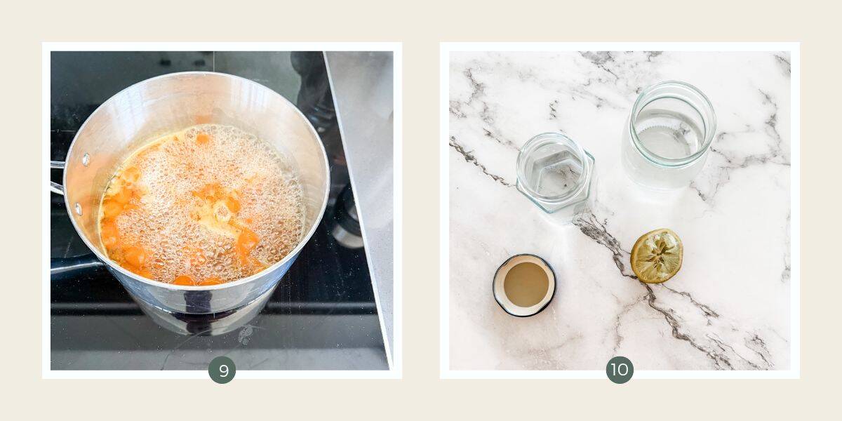 Cumquat jam at a gentle boil in a saucepan on a black induction cook top and two glass jars on a white marble bench top.